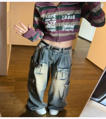 Women's Wide Leg Distressed Multi-Pocket Work Jeans