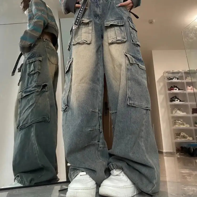 Women's Wide Leg Distressed Multi-Pocket Work Jeans