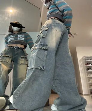 Women's Wide Leg Distressed Multi-Pocket Work Jeans