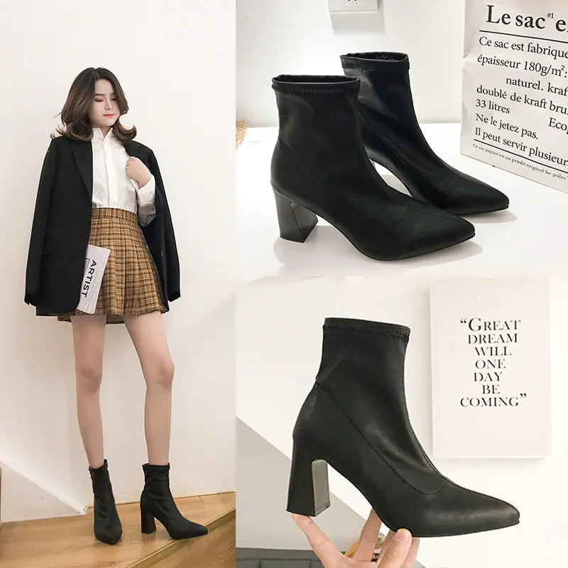 Women's Versatile Black Pointed Ankle Boots with Chunky Heel